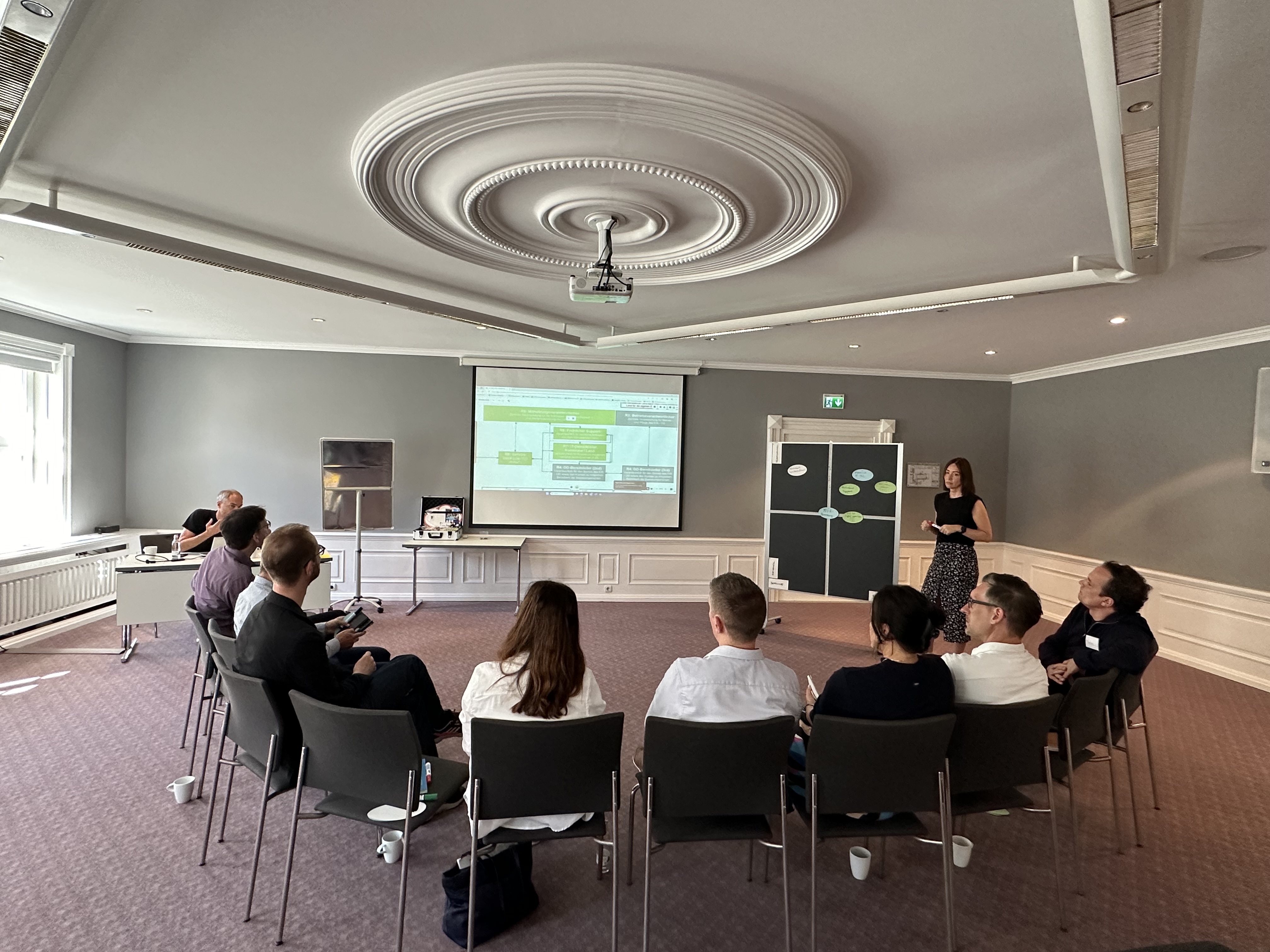 Menschen sitzen auf Stühlen in einem Halbkreis und schauen auf eine Leinwand mit Vortragsfolien